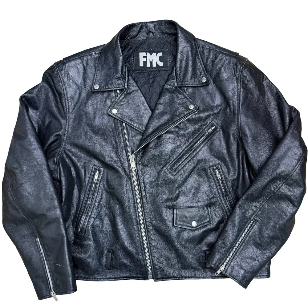 Vintage FMC black leather‎ motorcycle jacket with Harley Davidson patch XL